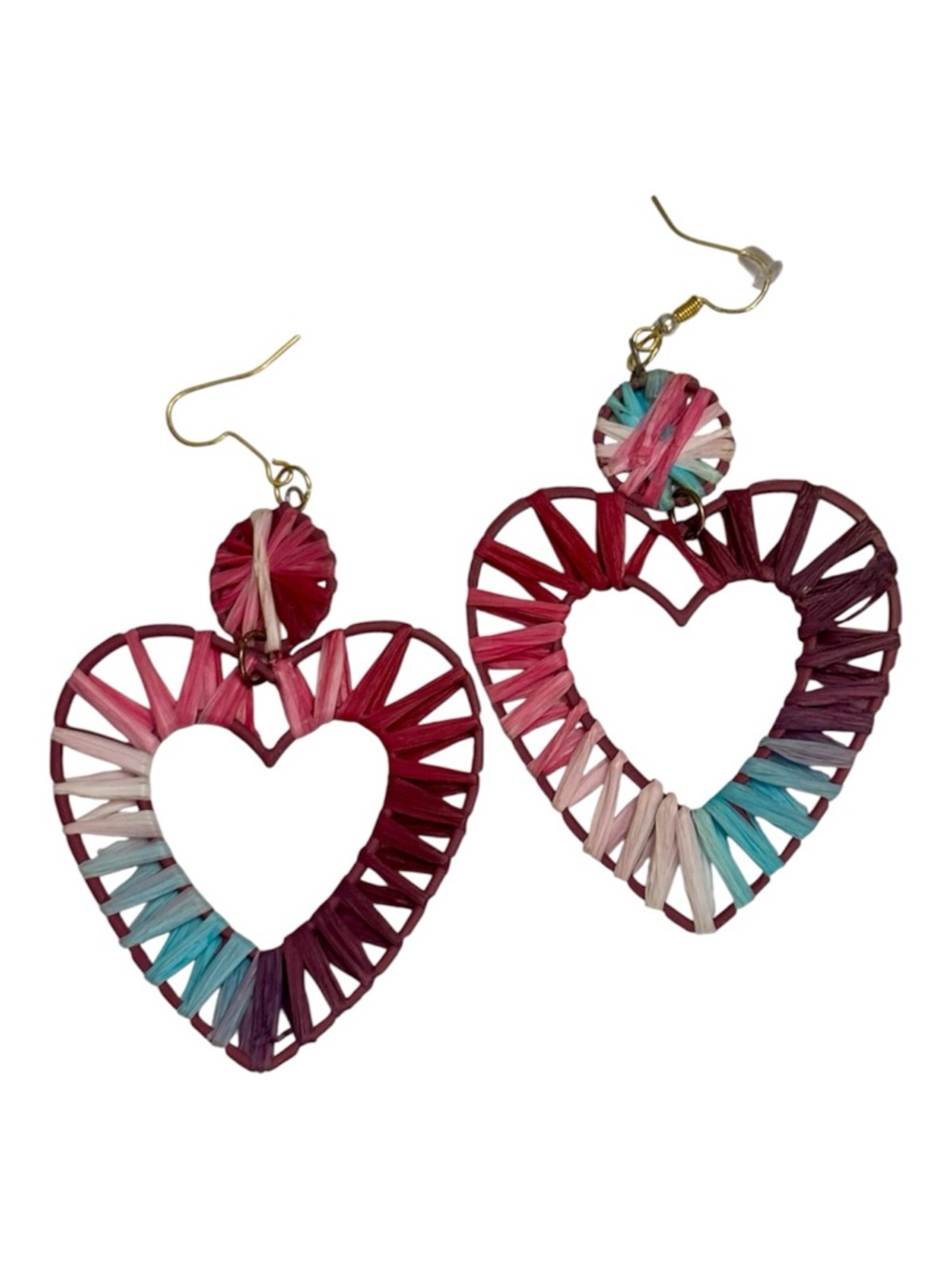💫 2/$25 Boho Heart Raffia Woven Dangle Earrings Pink Teal Lightweight